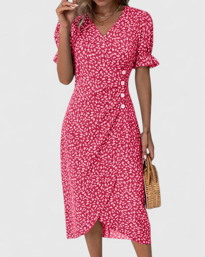 Pelegrina Floral Wrap Midi Dress with Short Sleeves
