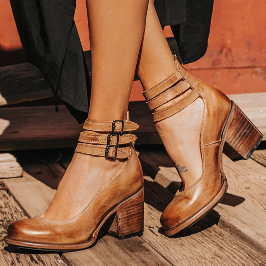 Borghild Block Heel Ankle Strap Booties
