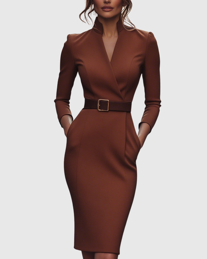 Onenn Belted V-Neck Long Sleeve Midi Dress