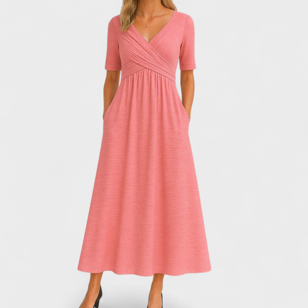 Aldonsa Wrap Midi Dress with V-Neck and Pockets