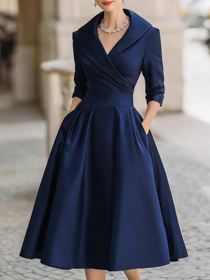 Birute Wrap V-Neck Midi Dress with Three-Quarter Sleeves