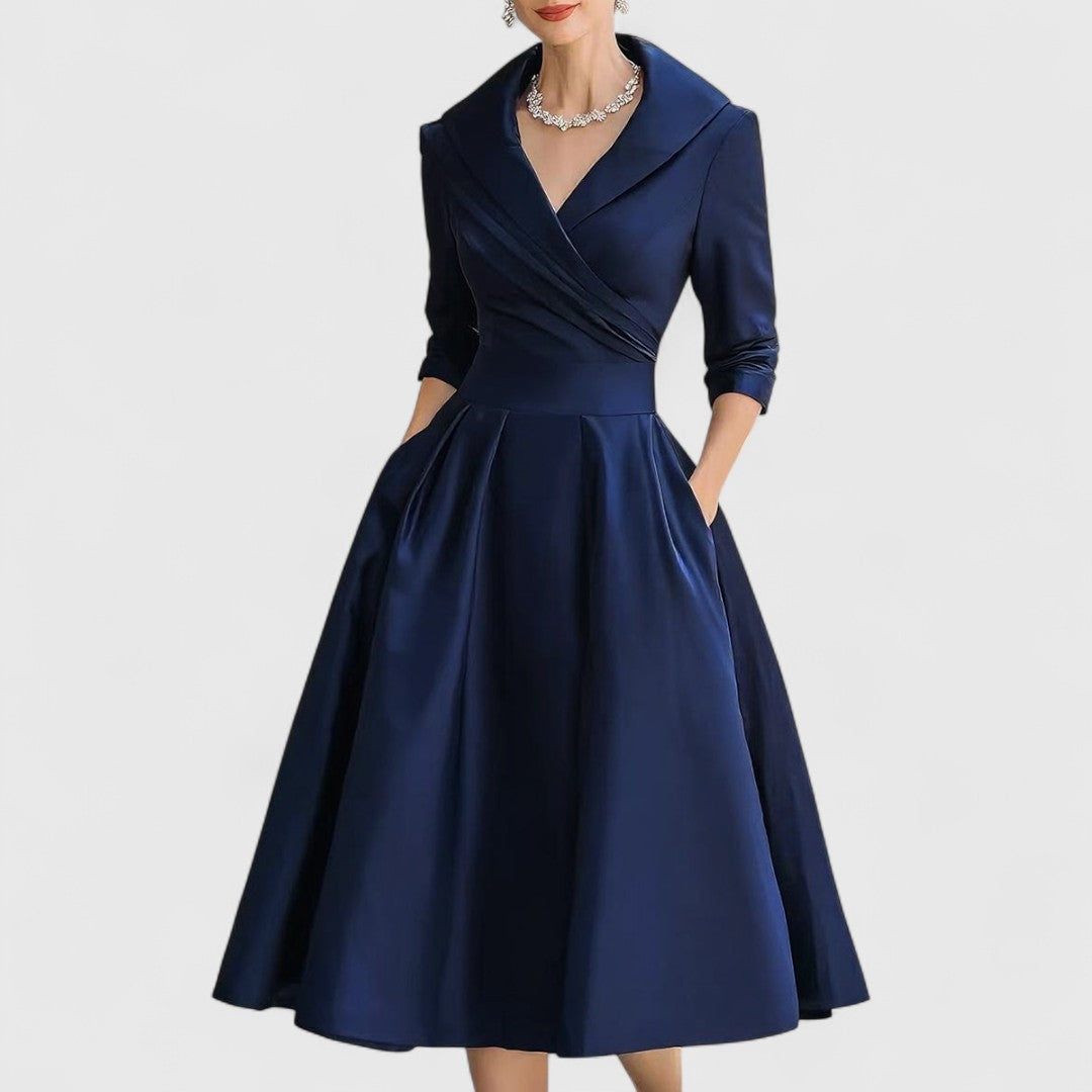 Fauquette Wrap V-Neck Midi Dress with Three-Quarter Sleeves