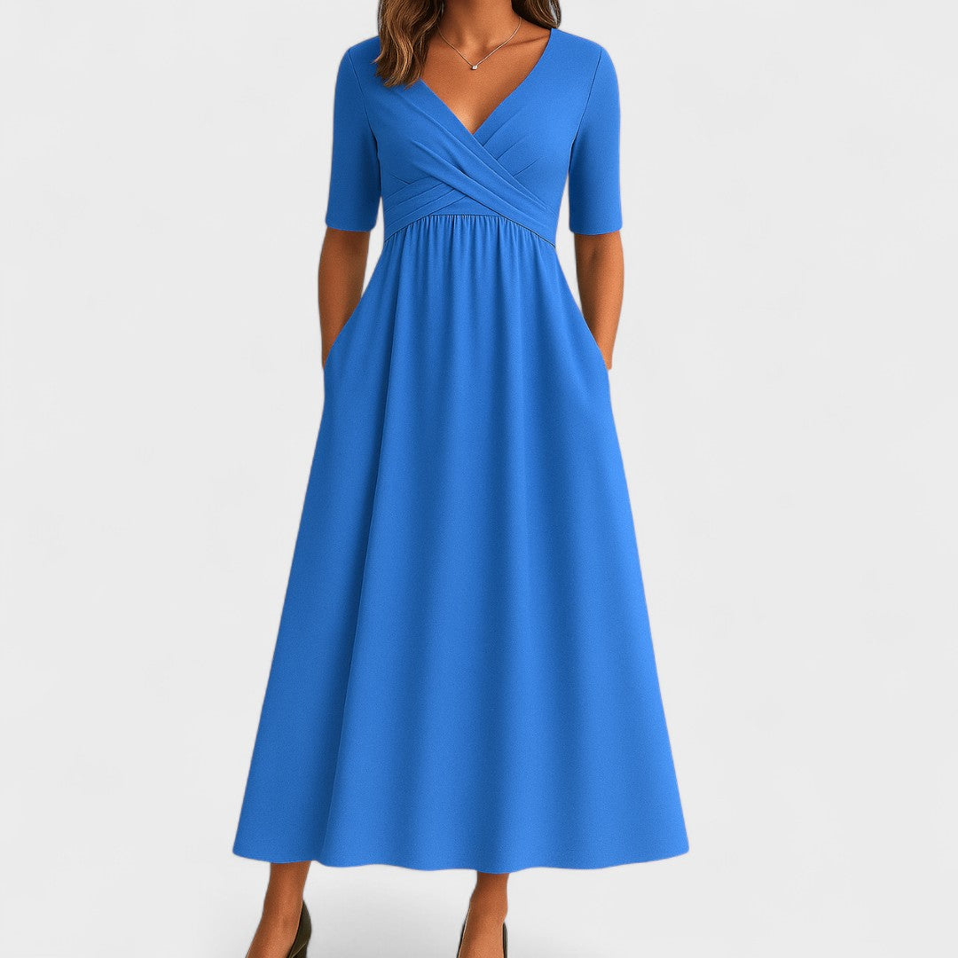 Aldonsa Wrap Midi Dress with V-Neck and Pockets