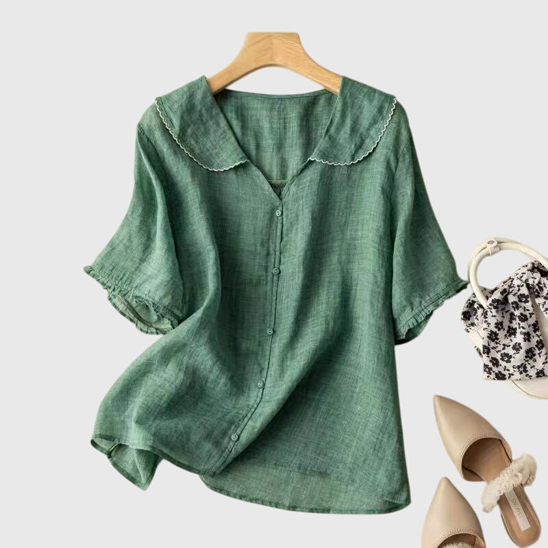 Waudru Peter Pan Collar Button-Down Blouse