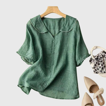 Waudru Peter Pan Collar Button-Down Blouse