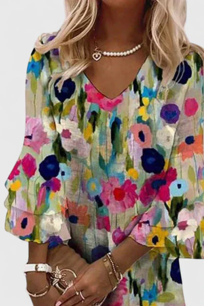 Zulmira Floral Dress with V-Neck and Bell Sleeves