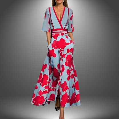 Guiburge V-Neck Floral Maxi Dress with Three-Quarter Sleeves