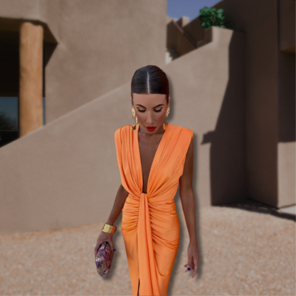 Yashodhara Wedding Guest Pleated Midi Dress with V-Neck