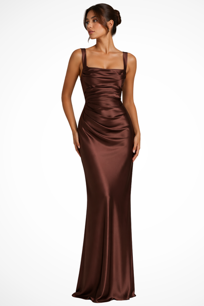 Rhiannon Satin Wedding Guest Ruched Maxi Dress with Square Neck