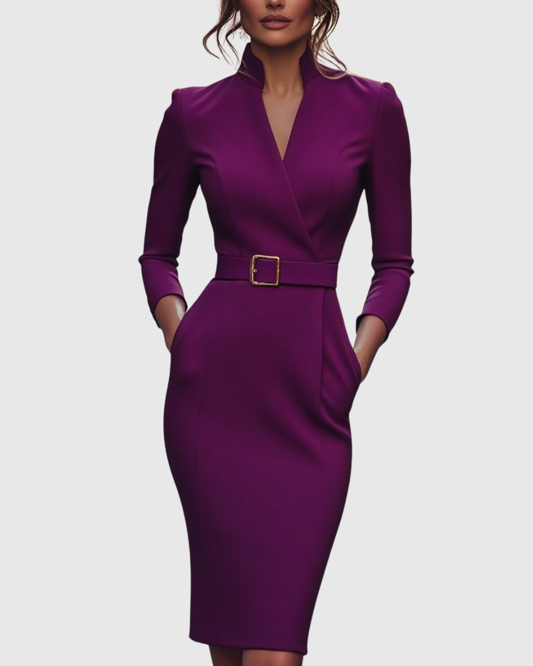 Onenn Belted V-Neck Long Sleeve Midi Dress