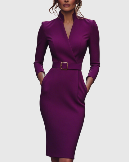 Onenn Belted V-Neck Long Sleeve Midi Dress