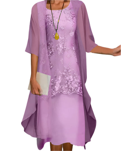 Ostrilde Lace Midi Dress with Sheer Sleeve Overlay