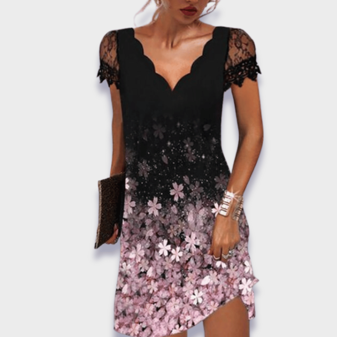 Turid V-Neck Dress with Short Sleeves and Lace Trim