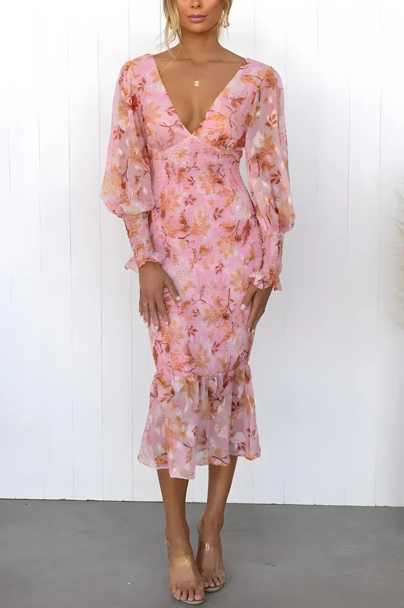 Tsovinar Floral Wedding Guest Midi Dress with Puff Sleeves