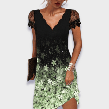 Turid V-Neck Dress with Short Sleeves and Lace Trim