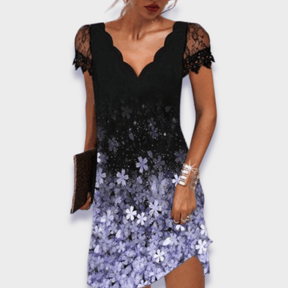 Turid V-Neck Dress with Short Sleeves and Lace Trim
