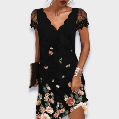 Turid V-Neck Dress with Short Sleeves and Lace Trim