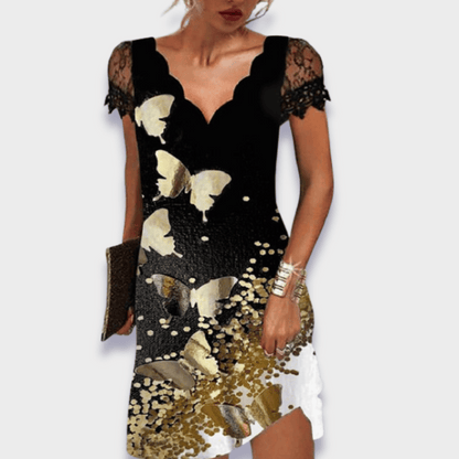 Turid V-Neck Dress with Short Sleeves and Lace Trim