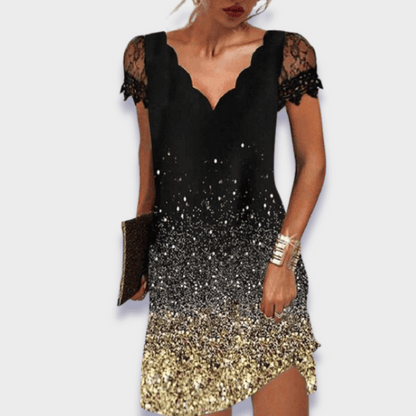 Turid V-Neck Dress with Short Sleeves and Lace Trim
