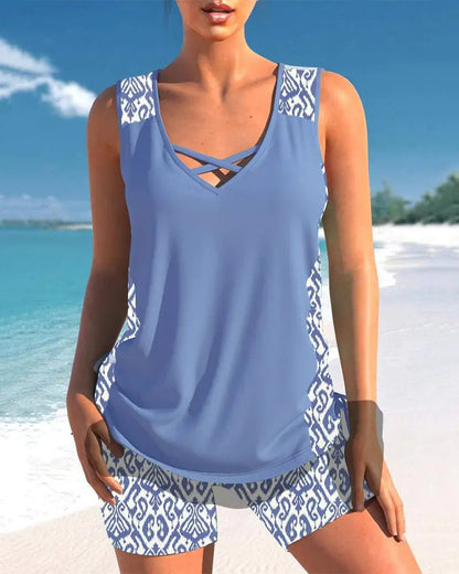 Emelisse V-Neck Tankini Set with Geometric Shorts