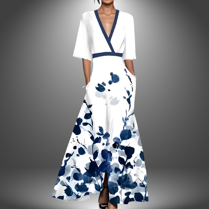 Guiburge V-Neck Floral Maxi Dress with Three-Quarter Sleeves
