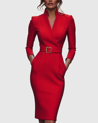 Onenn Belted V-Neck Long Sleeve Midi Dress