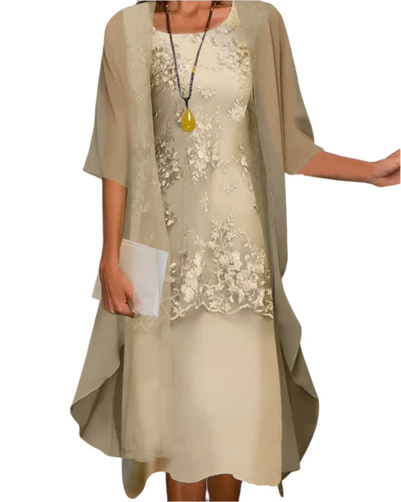 Ostrilde Lace Midi Dress with Sheer Sleeve Overlay