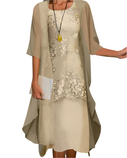 Ostrilde Lace Midi Dress with Sheer Sleeve Overlay