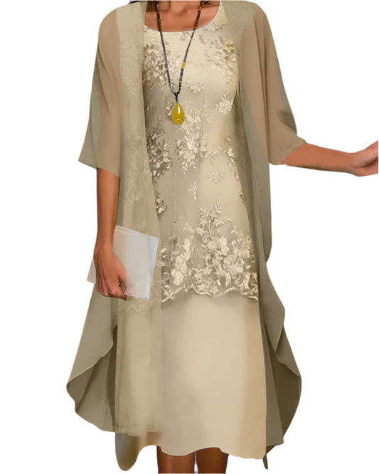 Ostrilde Lace Midi Dress with Sheer Sleeve Overlay