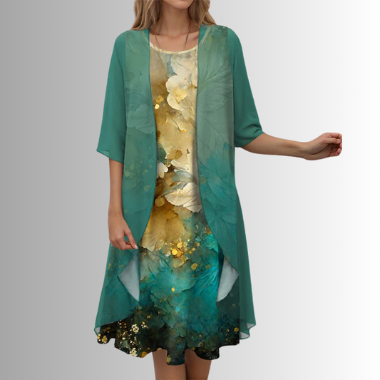 Dragana Floral Print Midi Dress with Layered Cardigan