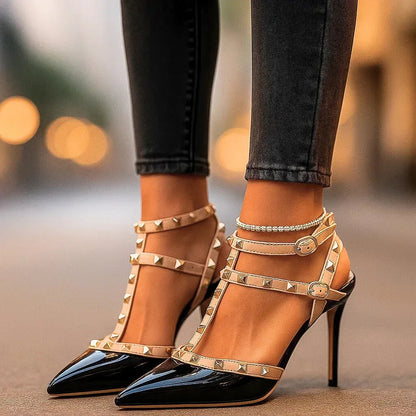 Dardane Studded Pointed Toe Ankle Strap Heels