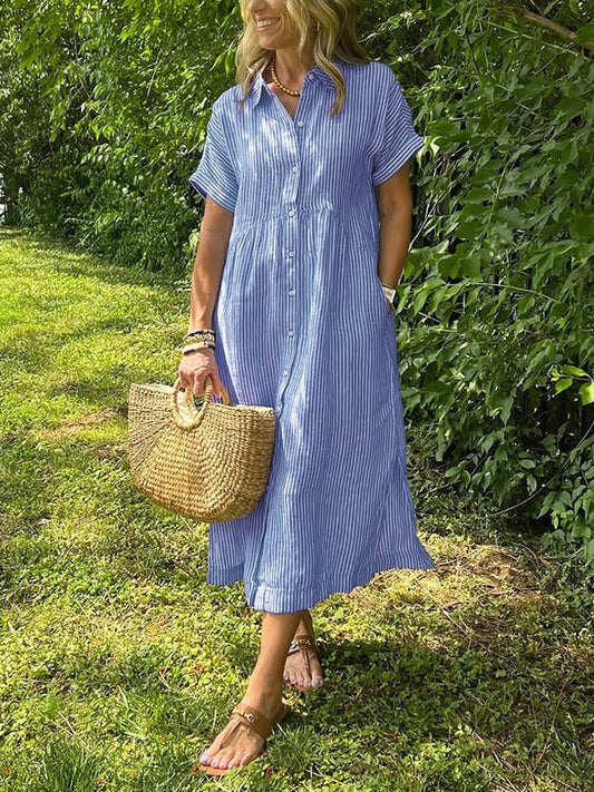 Nurjahan Striped Midi Shirt Dress with Button-Down Front