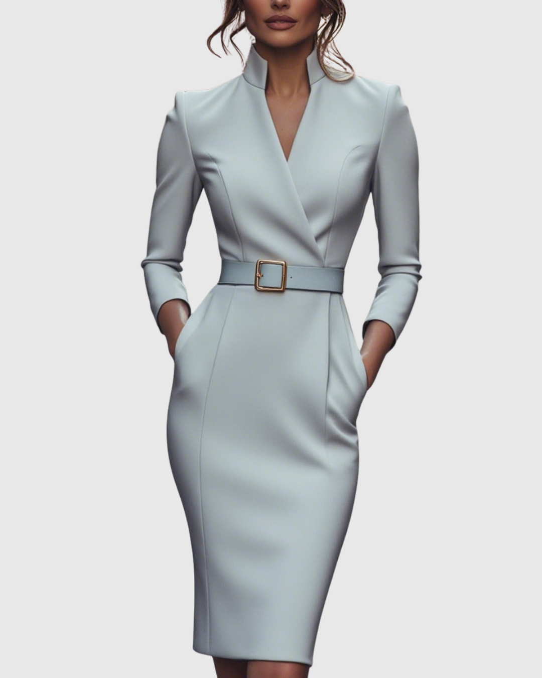 Onenn Belted V-Neck Long Sleeve Midi Dress