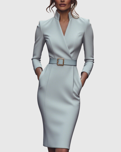 Onenn Belted V-Neck Long Sleeve Midi Dress