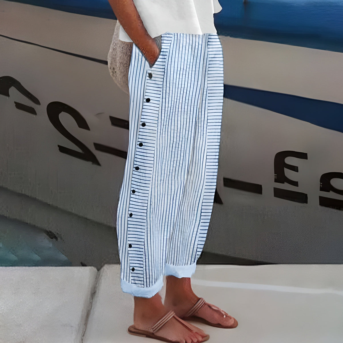 Jahanara Striped Cropped Trousers with Button Detail
