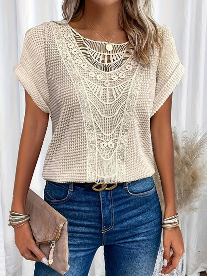 Ottavia Crochet Blouse with Crew Neck and Short Sleeves