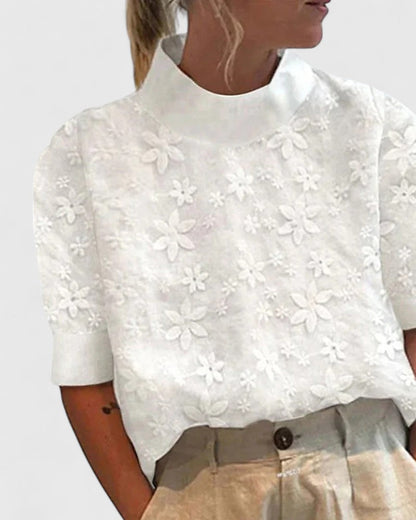 Riwanon Short Sleeve Stand Collar Lace Blouse