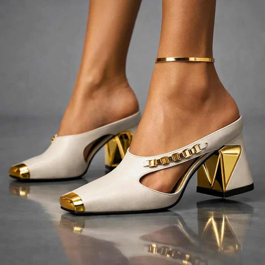Leofflaed Block Heel Mule Pumps with Pointed Toe