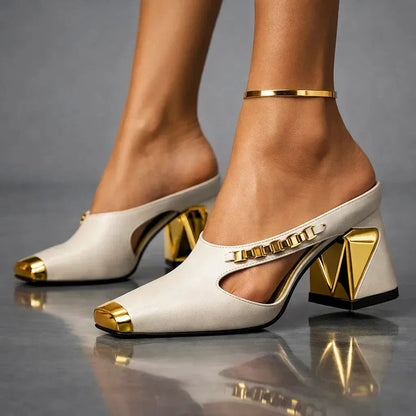 Leofflaed Block Heel Mule Pumps with Pointed Toe