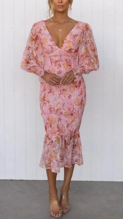 Cerys Floral Wedding Guest Midi Dress with Puff Sleeves
