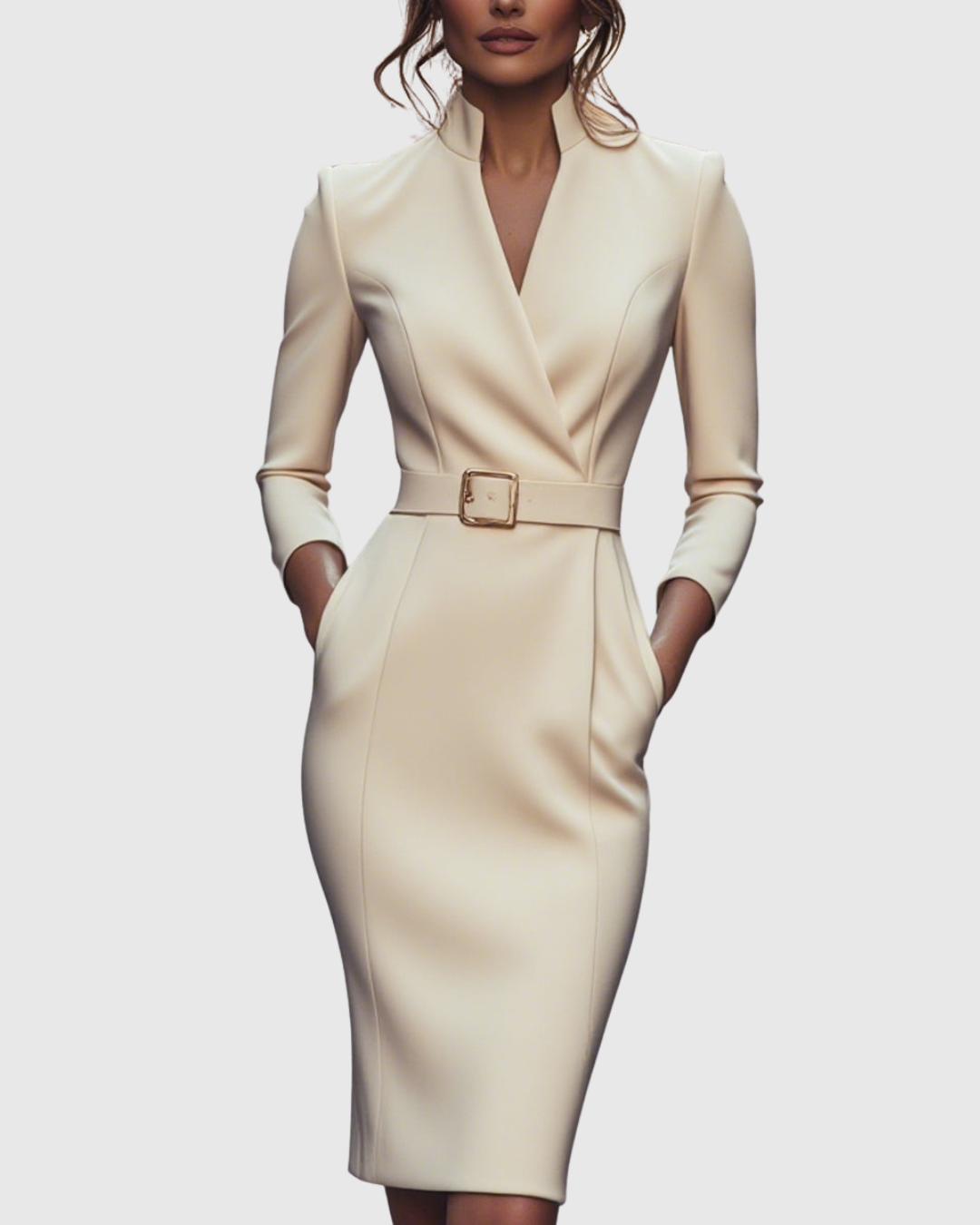 Onenn Belted V-Neck Long Sleeve Midi Dress