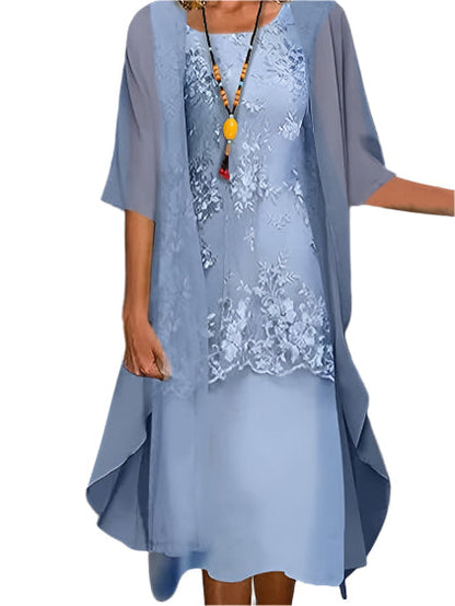 Ostrilde Lace Midi Dress with Sheer Sleeve Overlay