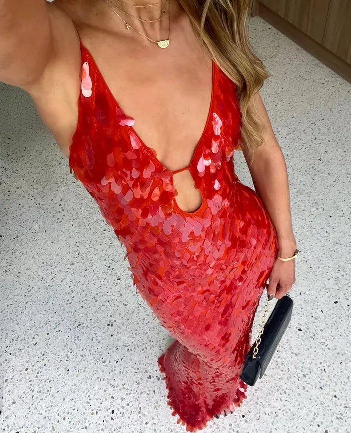 Jeltje Sequin Wedding Guest Backless Maxi Dress