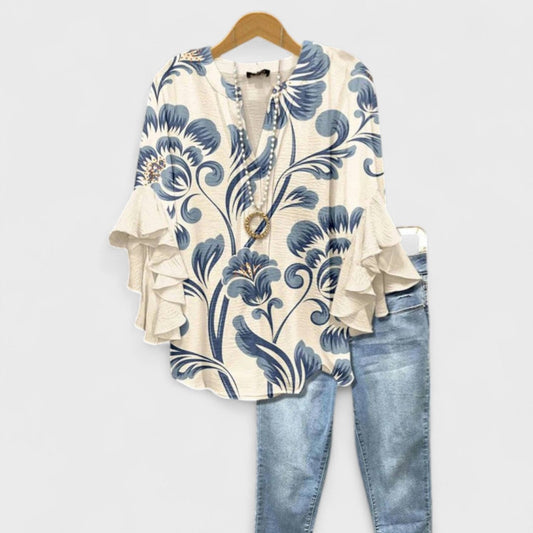 Laodike Blouse with V-Neck and Ruffled Sleeves