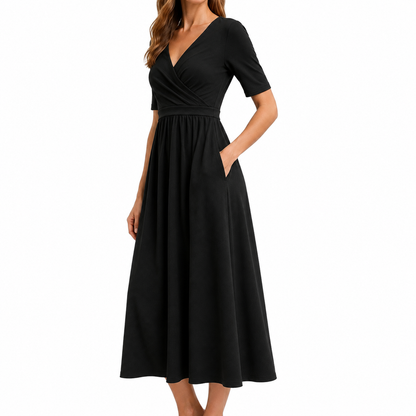 Camille Wrap Midi Dress with V-Neck & Pockets