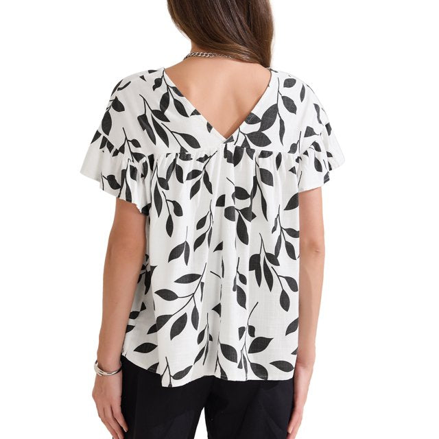 Lienarde V-Neck Flutter Sleeve Leaf Print Blouse