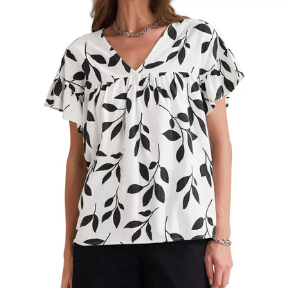 Lienarde V-Neck Flutter Sleeve Leaf Print Blouse
