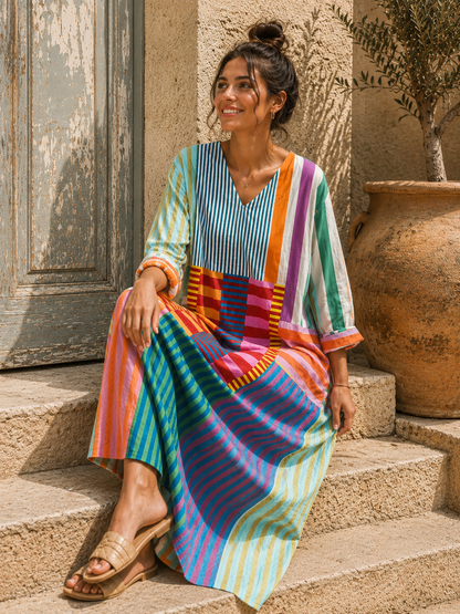 Hodiarde V-Neck Striped Patchwork Midi Dress