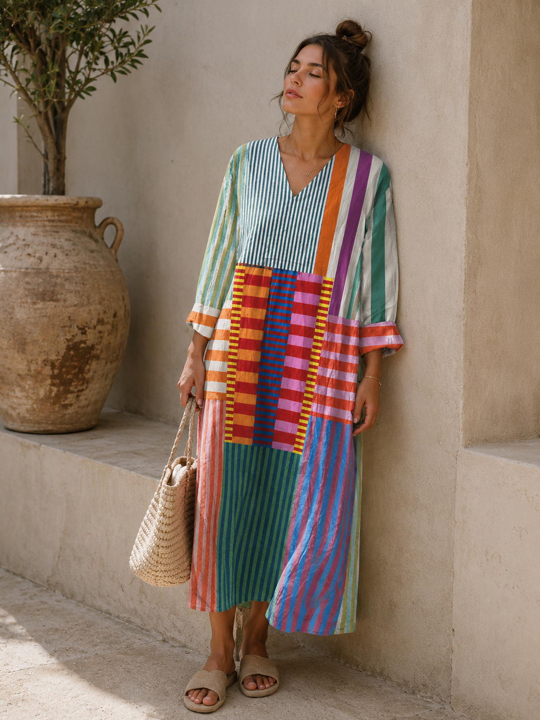 Hodiarde V-Neck Striped Patchwork Midi Dress