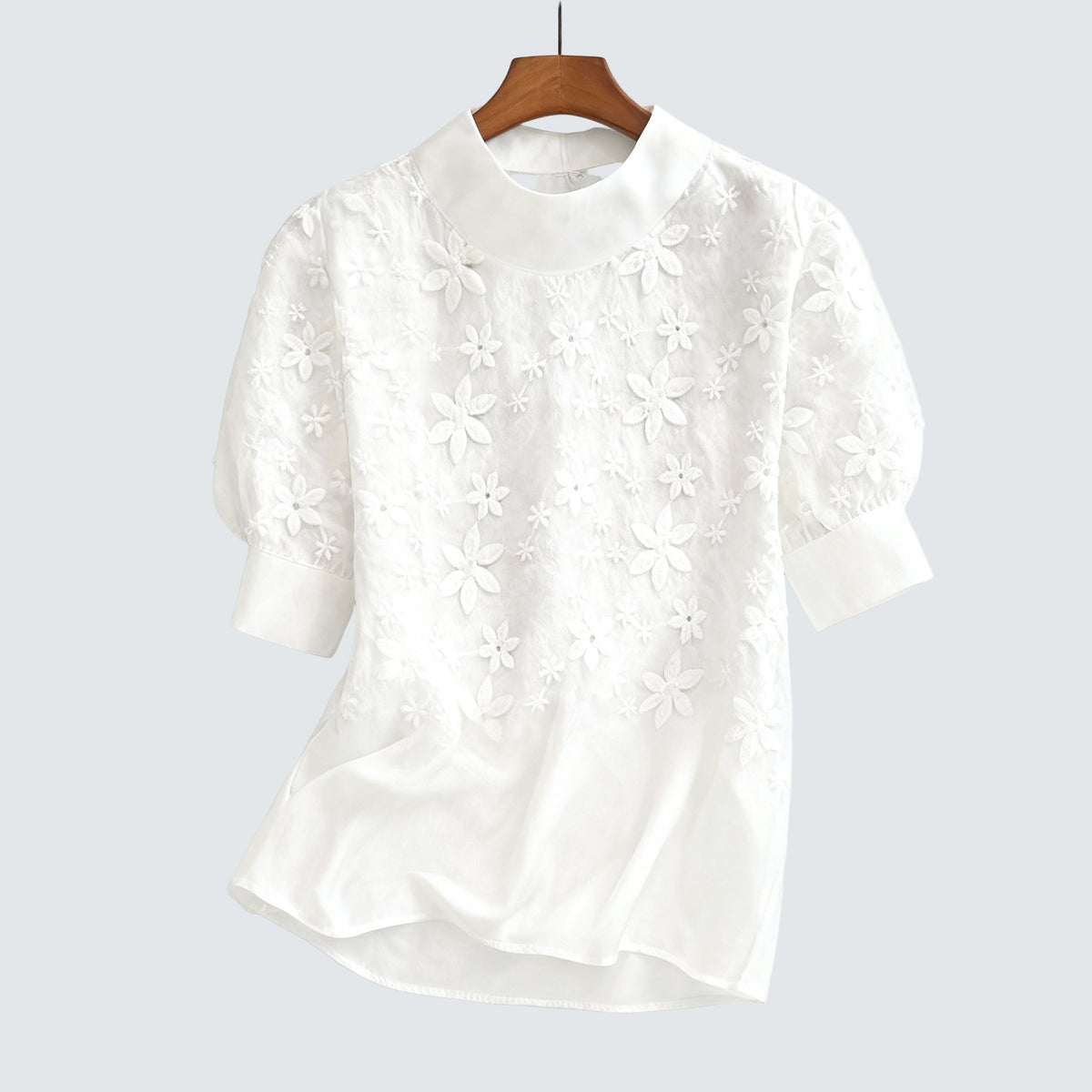 Riwanon Short Sleeve Stand Collar Lace Blouse